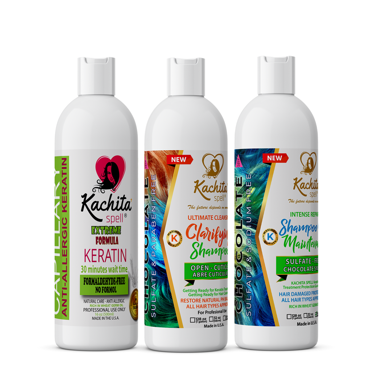 Kachita Spell Keratin Formaldehyde Free Extreme Formula 16oz + Clarify Shampoo + Shampoo Conditioner