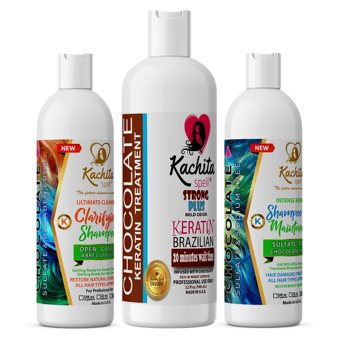 Kachita Spell Hair Treatment Chocolate Strong Keratin 32floz + Clarify Shampoo + Shampoo Conditioner
