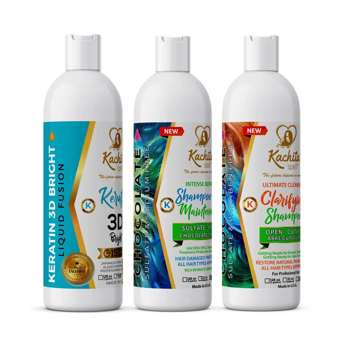 Kachita Spell Keratin 3D Bright 16oz + Shampoo Clarify + Shampoo Conditioner