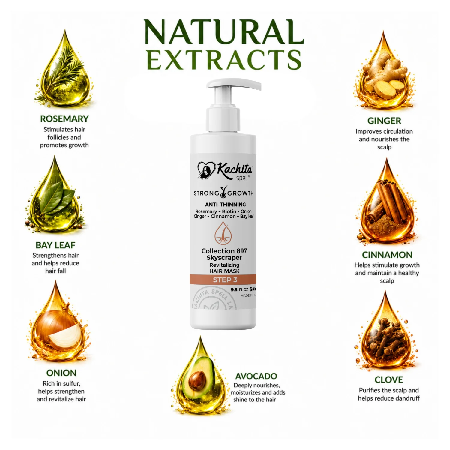 Kachita Spell Growth Hair Mask con Biotina, Cebolla, Romero, Jengibre, Canela y Hoja de Laurel – Tratamiento Hidratante y Voluminizador para un Cabello Suave y Brillante. Mascarilla Anticaída para Hombres y Mujeres - Imagen 7