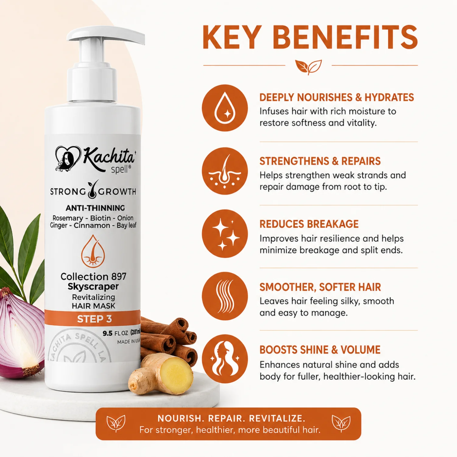 Kachita Spell Growth Hair Mask con Biotina, Cebolla, Romero, Jengibre, Canela y Hoja de Laurel – Tratamiento Hidratante y Voluminizador para un Cabello Suave y Brillante. Mascarilla Anticaída para Hombres y Mujeres - Imagen 2