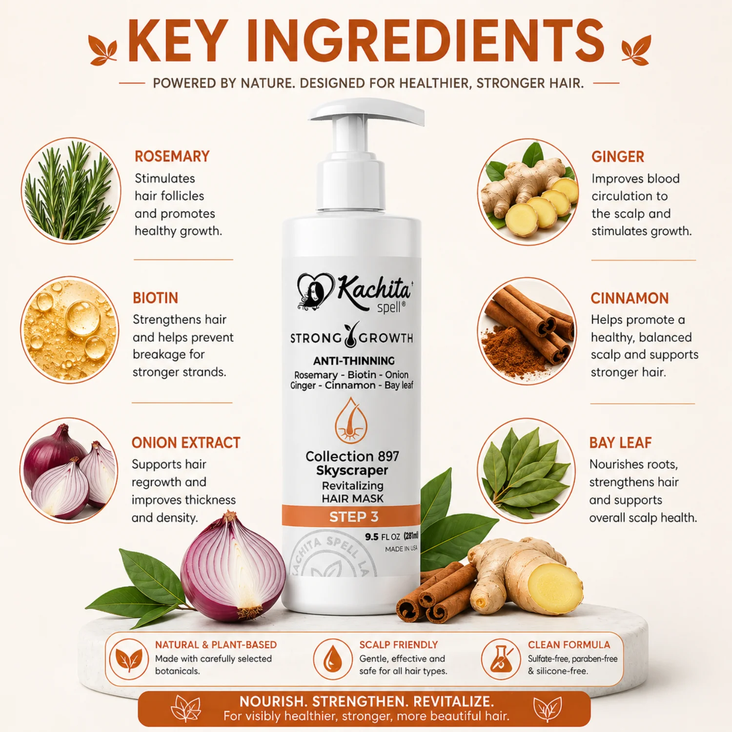 Kachita Spell Growth Hair Mask con Biotina, Cebolla, Romero, Jengibre, Canela y Hoja de Laurel – Tratamiento Hidratante y Voluminizador para un Cabello Suave y Brillante. Mascarilla Anticaída para Hombres y Mujeres - Imagen 6