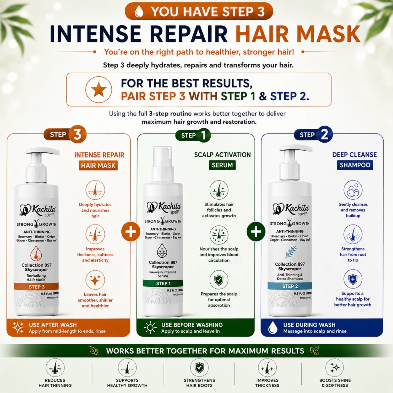 Kachita Spell Growth Hair Mask con Biotina, Cebolla, Romero, Jengibre, Canela y Hoja de Laurel – Tratamiento Hidratante y Voluminizador para un Cabello Suave y Brillante. Mascarilla Anticaída para Hombres y Mujeres - Imagen 5