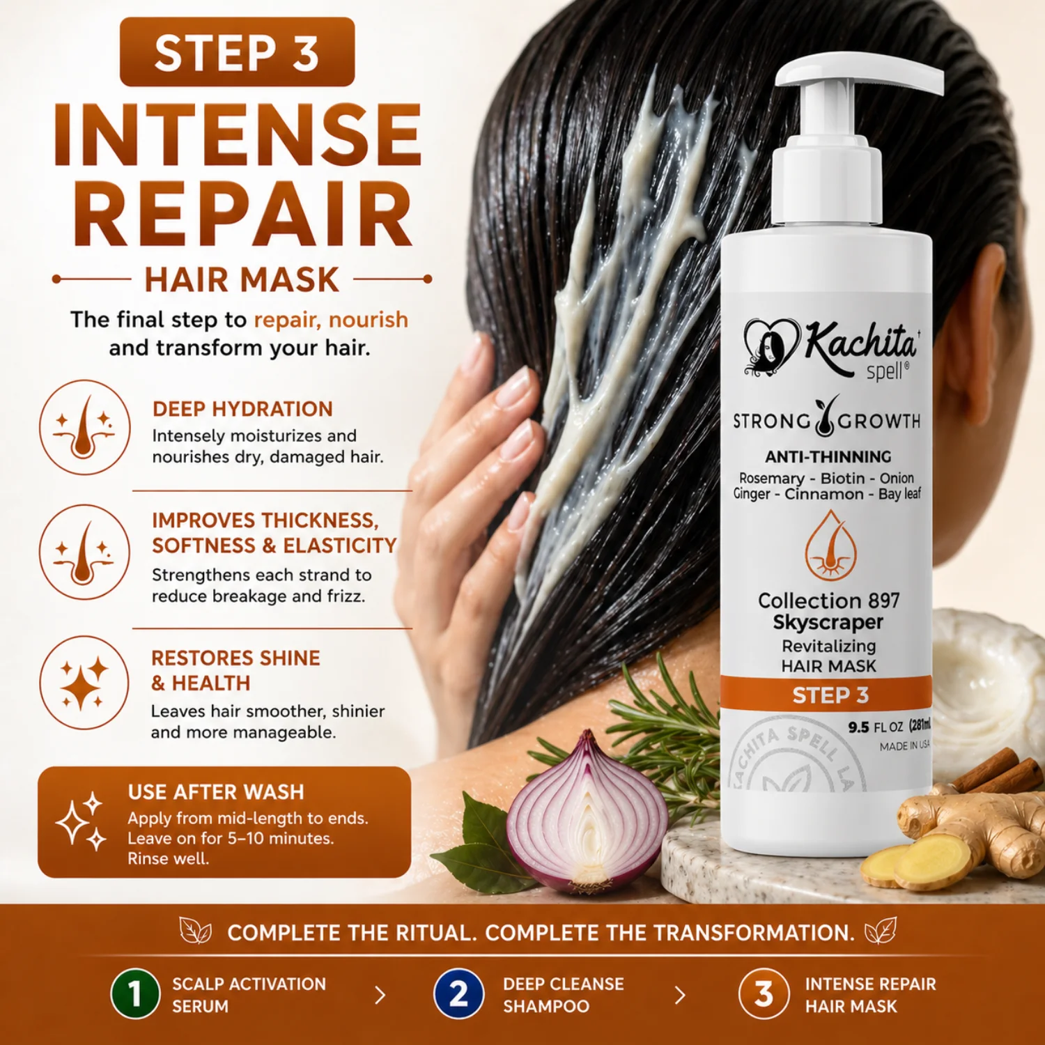 Kachita Spell Growth Hair Mask con Biotina, Cebolla, Romero, Jengibre, Canela y Hoja de Laurel – Tratamiento Hidratante y Voluminizador para un Cabello Suave y Brillante. Mascarilla Anticaída para Hombres y Mujeres - Imagen 4