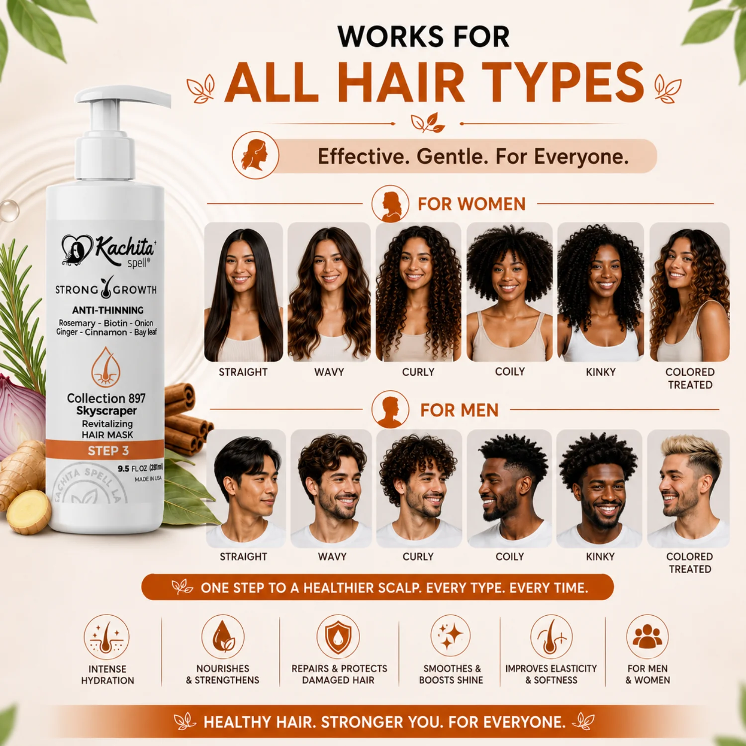 Kachita Spell Growth Hair Mask con Biotina, Cebolla, Romero, Jengibre, Canela y Hoja de Laurel – Tratamiento Hidratante y Voluminizador para un Cabello Suave y Brillante. Mascarilla Anticaída para Hombres y Mujeres - Imagen 3