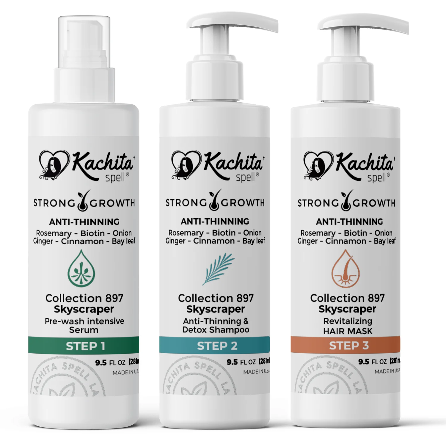 Kachita Spell Strong Hair Growth Collection Kit – Shampoo, Mascarilla Capilar y Sérum con Biotina, Cebolla, Romero, Jengibre, Canela y Hoja de Laurel para el Crecimiento del Cabello