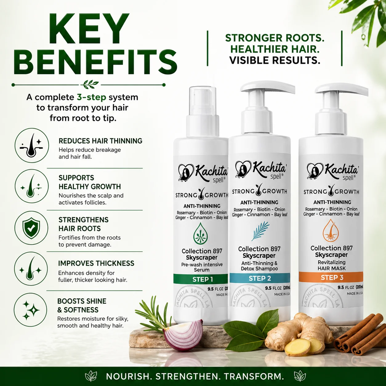 Kachita Spell Strong Hair Growth Collection Kit – Shampoo, Mascarilla Capilar y Sérum con Biotina, Cebolla, Romero, Jengibre, Canela y Hoja de Laurel para el Crecimiento del Cabello - Imagen 2