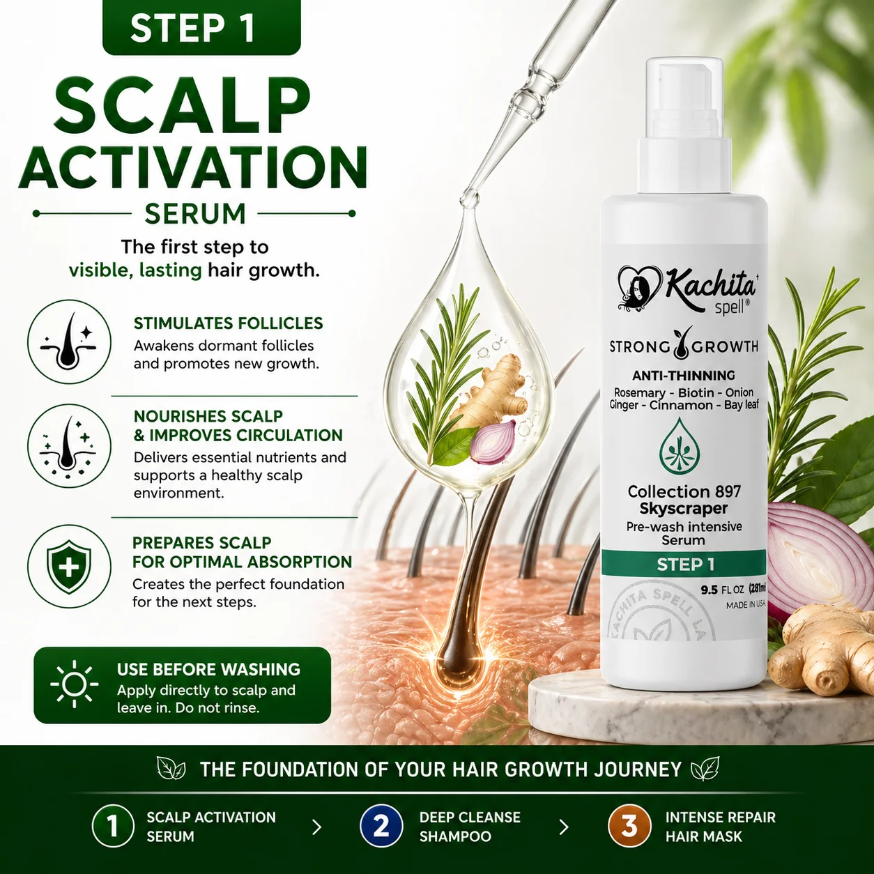 Kachita Spell Strong Hair Growth Collection Kit – Shampoo, Mascarilla Capilar y Sérum con Biotina, Cebolla, Romero, Jengibre, Canela y Hoja de Laurel para el Crecimiento del Cabello - Imagen 5