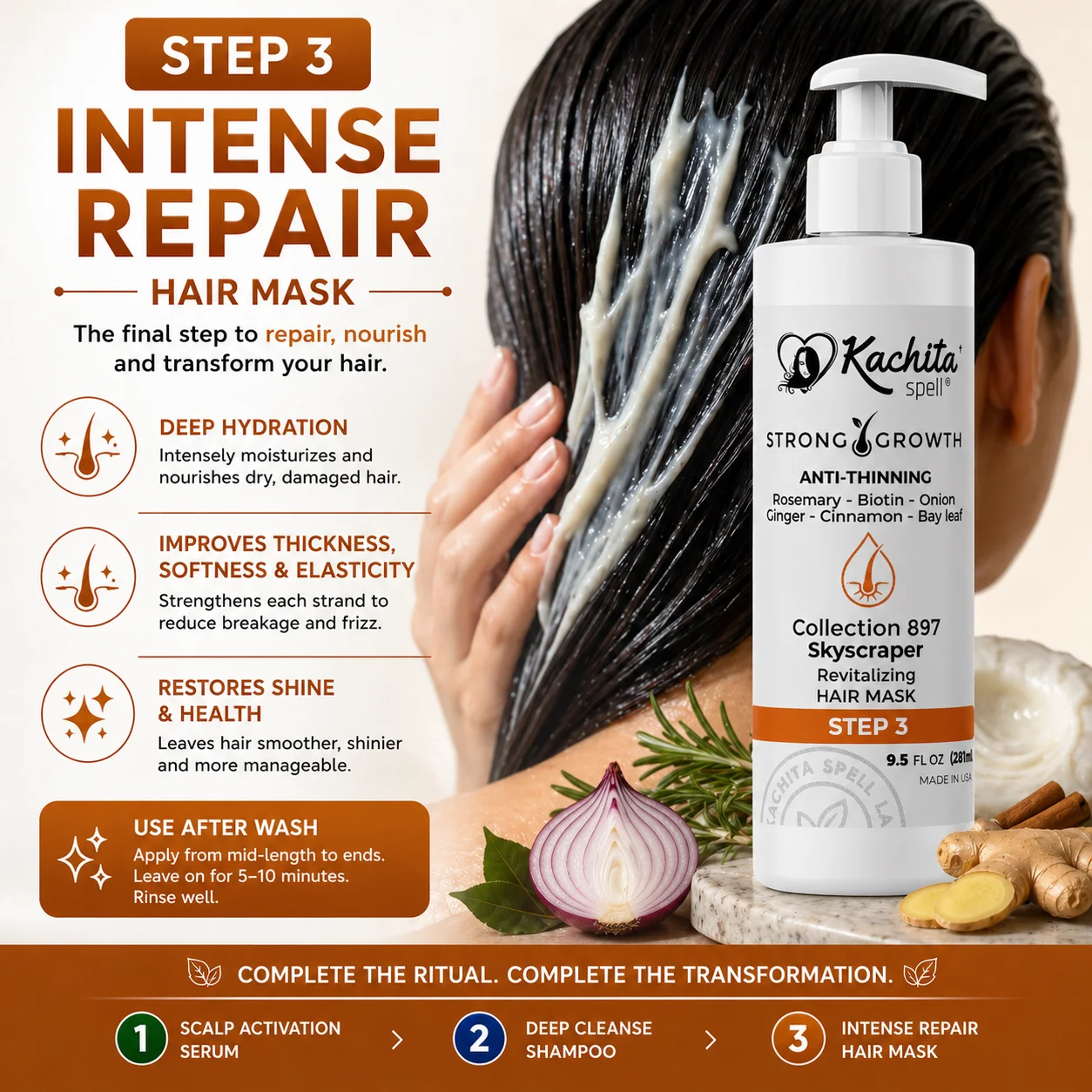 Kachita Spell Strong Hair Growth Collection Kit – Shampoo, Mascarilla Capilar y Sérum con Biotina, Cebolla, Romero, Jengibre, Canela y Hoja de Laurel para el Crecimiento del Cabello - Imagen 7